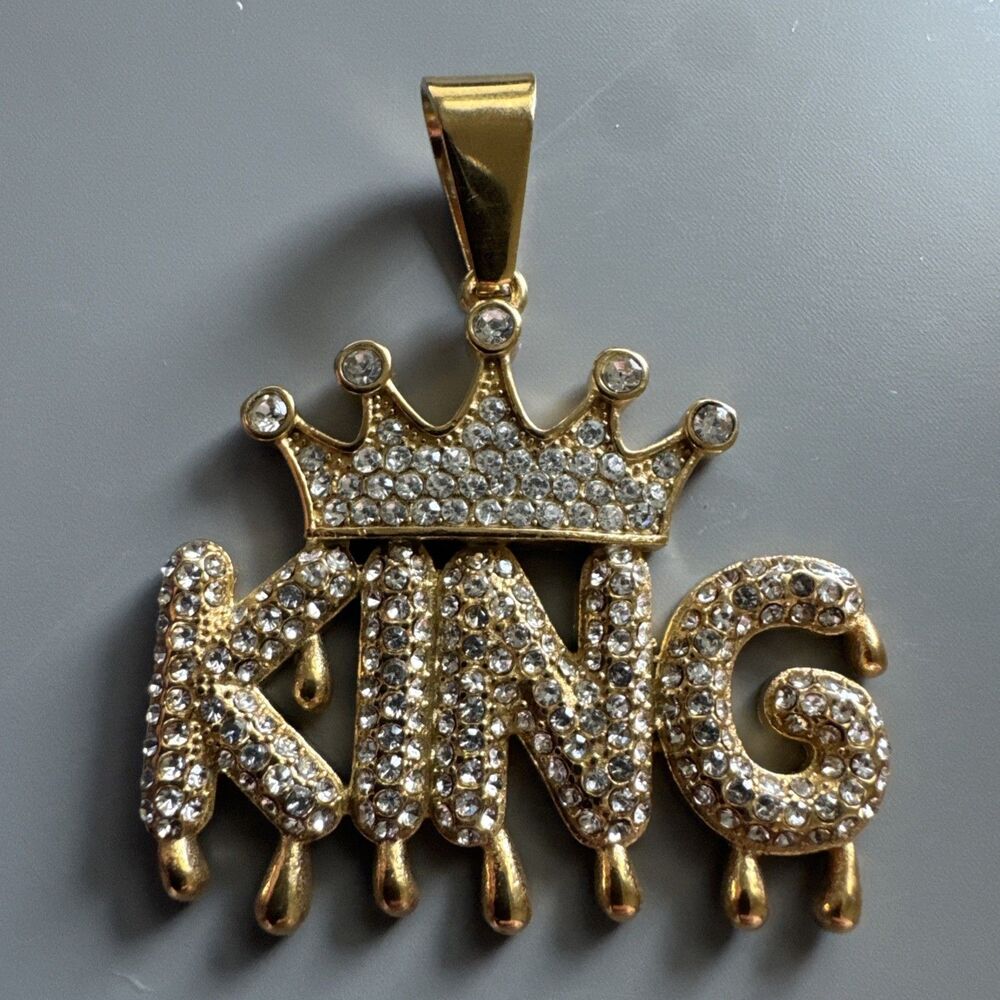 Gold King Crown Pendant Cubic Zirconia 24 Inch Chain Men’s Stainless Steel Gift